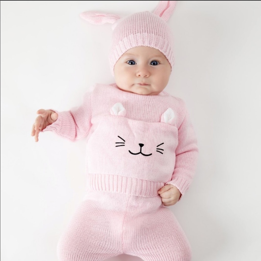 Leggings, sweater and bunny ear hat set pink